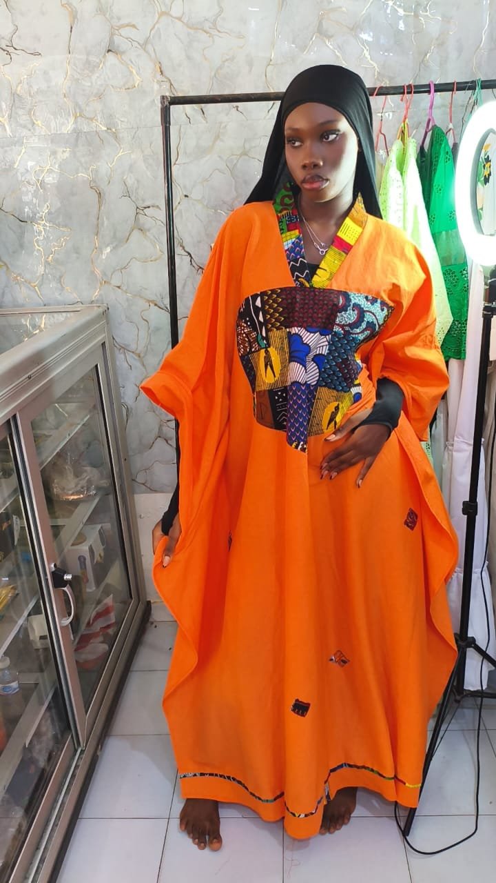Boubou art orange avec pagne wax